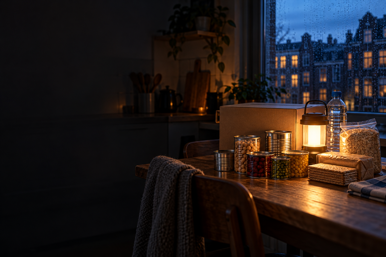 Sfeerbeeld van voedselvoorraad en een lamp in een donkere keuken